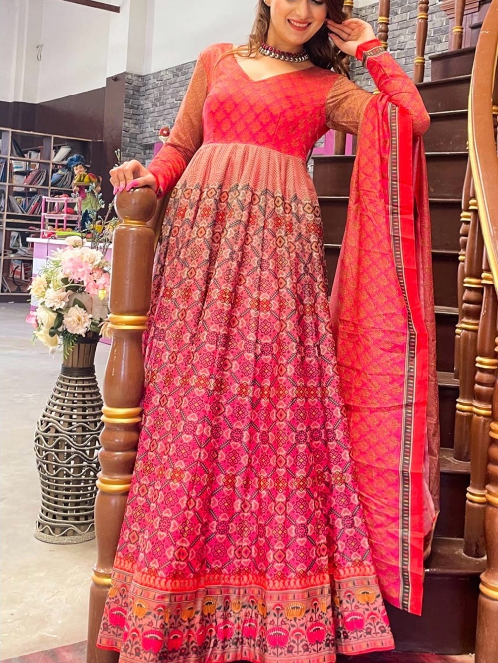 Women's Long Sleeve Red Printed Anarkali Dress with Matching Dupatta